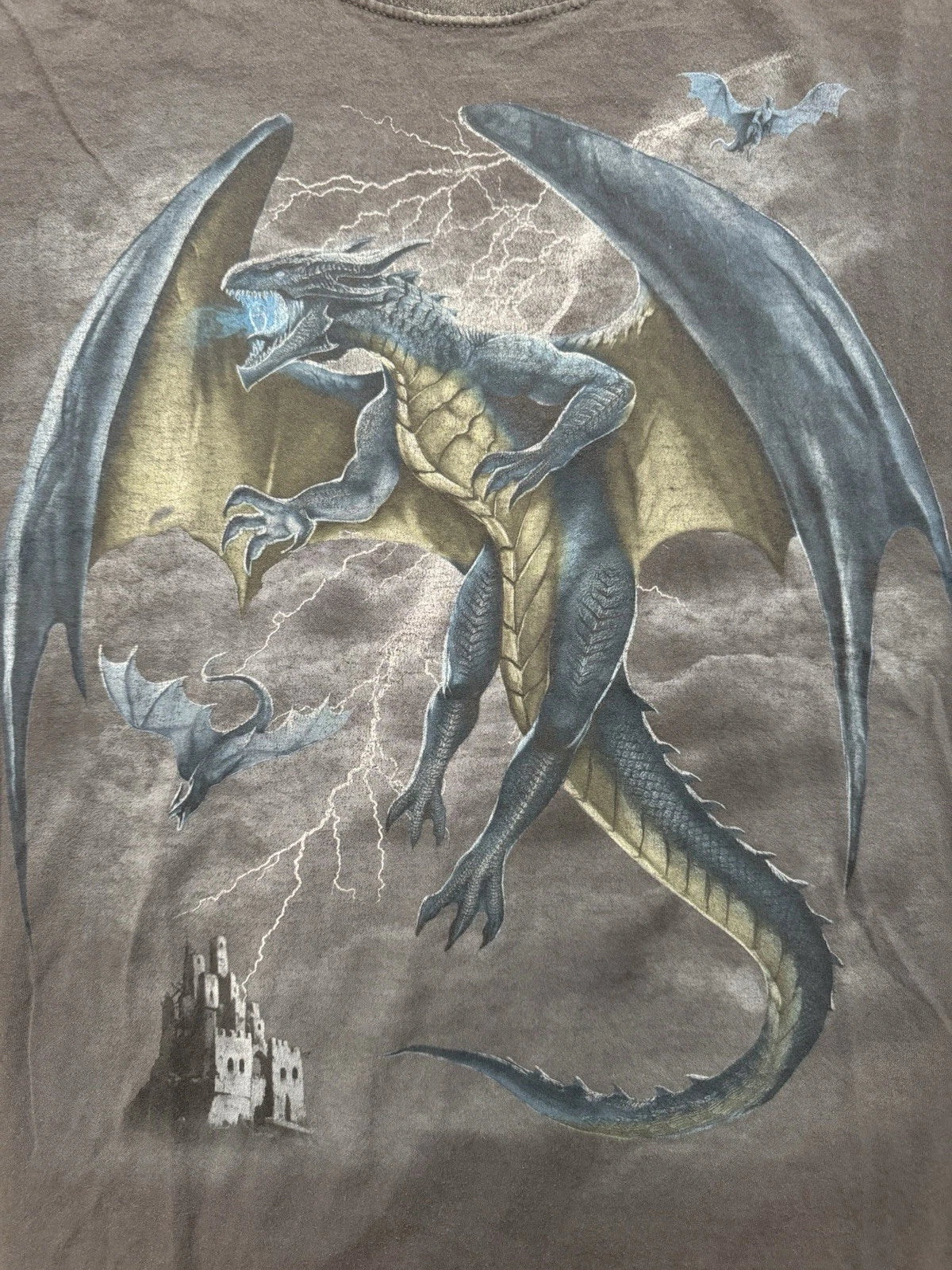 Vintage Y2K Faded Thrashed Dragon & Castle Men’s T-Shirt Gray Size 3XL Grunge