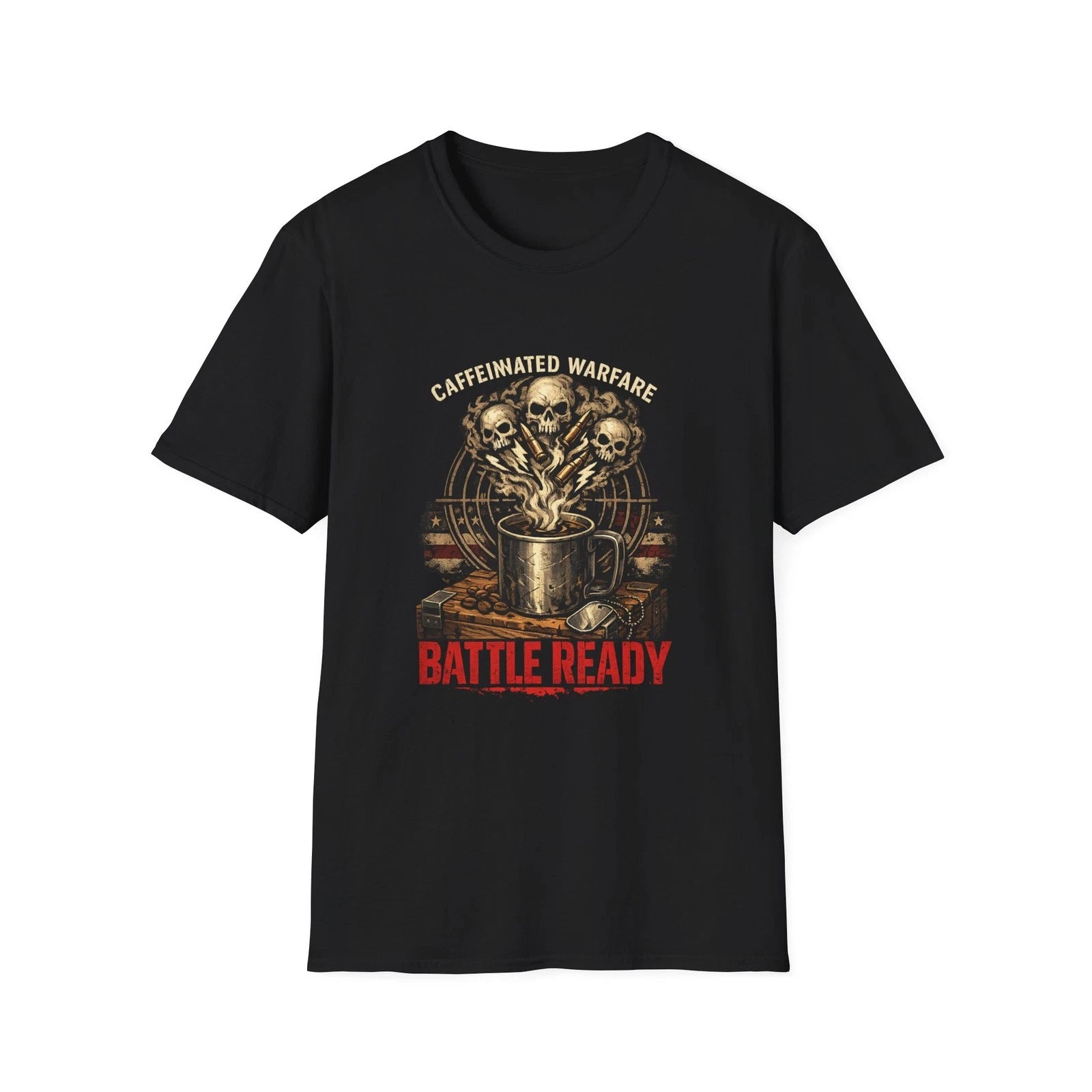 Caffeinated Warfare Battle Ready coffee skulls T-Shirt | Military coffee design