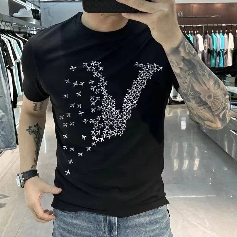 New Men Luxury Diamond Fashion Rhinestones Fashion T-Shirt High Quality 4 Colors