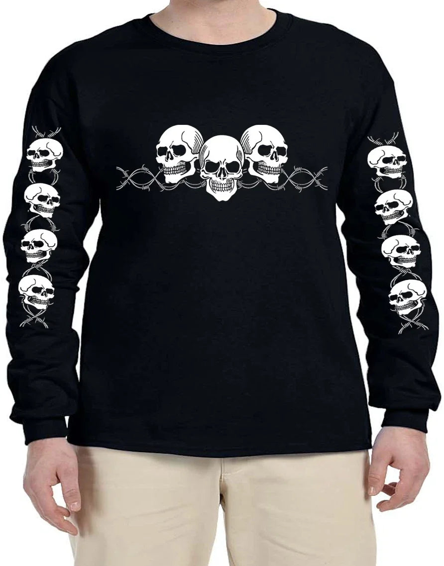 Skull Biker Tattoo Style Graphic Design Long Sleeve T-Shirt  Long Arm Shirt