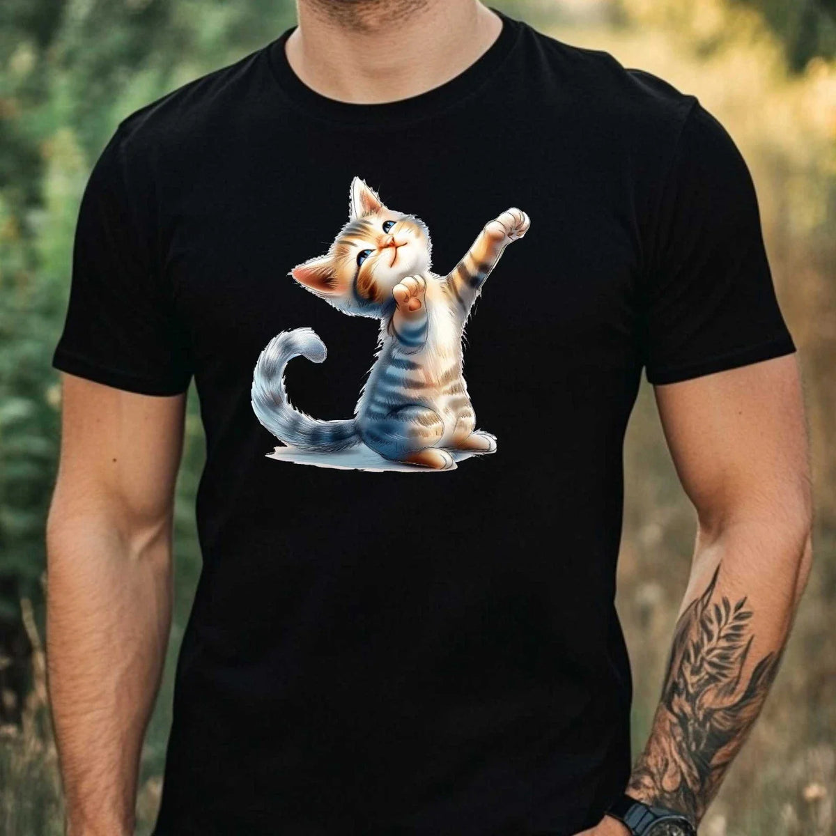 Mens Yoga Cat Print Cotton T-Shirt Size XS to 5XL