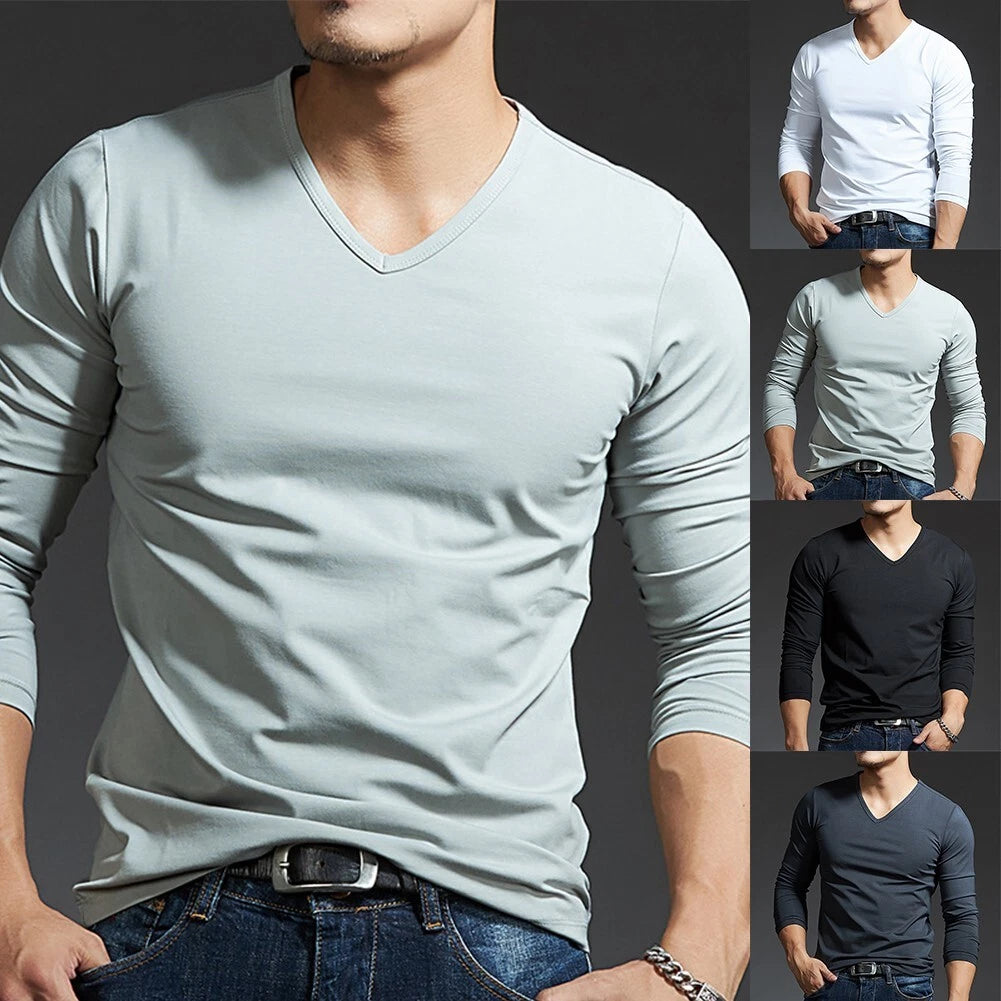 Stylish Men's Slim Fit Long Sleeve V Neck Activewear Tee Undershirt Tops
