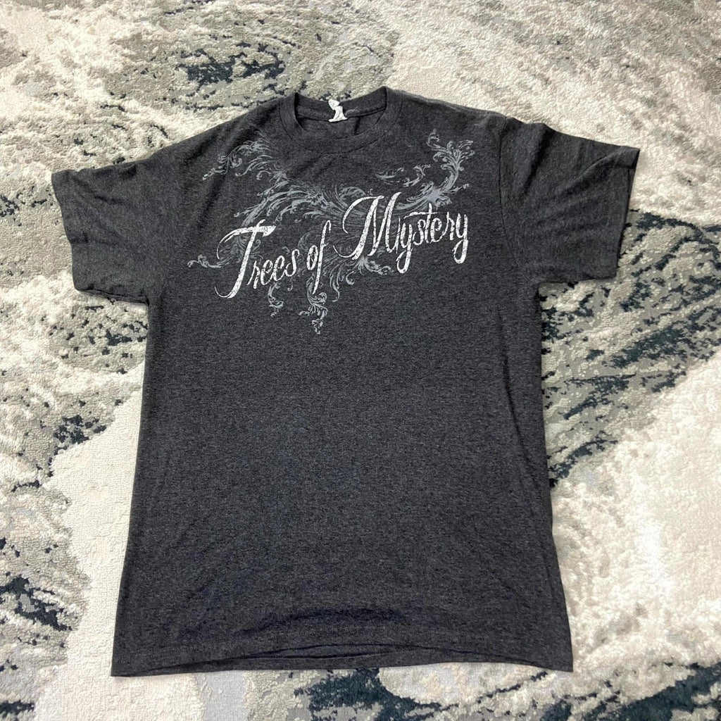Vintage Y2K Grunge Trees of Mystery T Shirt Size Medium Gray Graphic AOP Logo