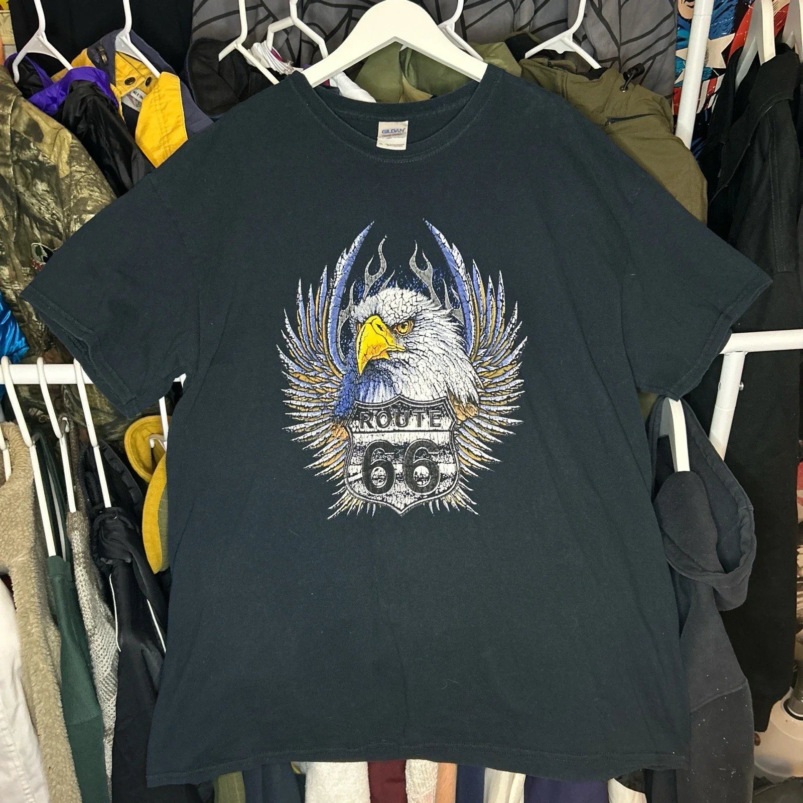 Vintage Y2K Route 66 Bald Eagle Blue Flames Faded Black T-shirt Size XL Biker