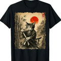 Samurai Cat Japanese Art  Funny Graphic Tee Anime T-Shirt