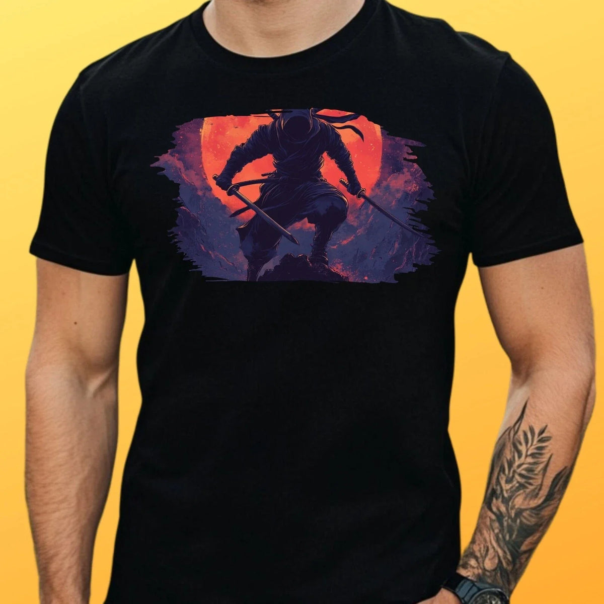 Mens Ninja Moon Motif Cotton T-Shirt Size XS to 5XL