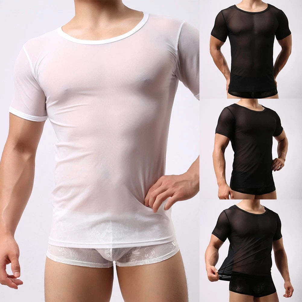 Men's Stylish See Through Fishnet T Shirt Short Sleeve Clubwear Muscle Top