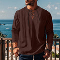 Men's Cotton Linen Long Sleeve T-Shirt Classic Casual Slim Laceup Shirts