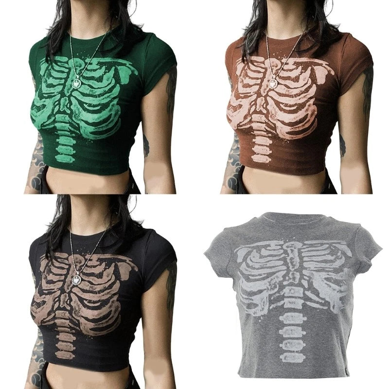 Skeleton Pattern Printing Shirt Short-sleeved T-shirt Women Daily Wearing Cloth