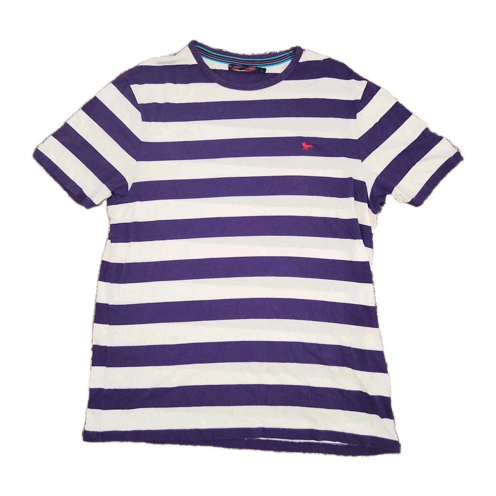 Modern Amusement Y2K Purple & White Stripe T-Shirt Sz L 100% Cotton TINY STAIN