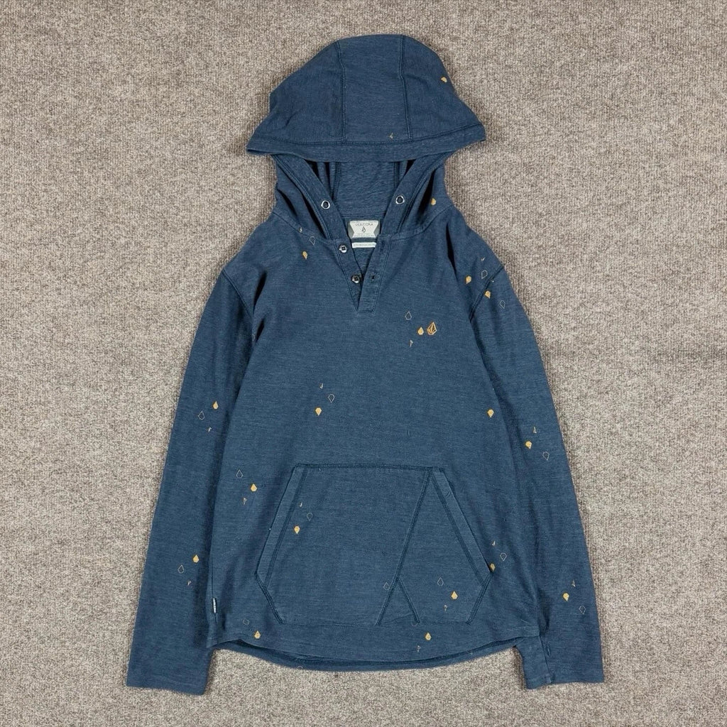 Y2K Volcom Blue Hooded Long Sleeve Shirt Men’s Medium Stone Pattern Lightweight