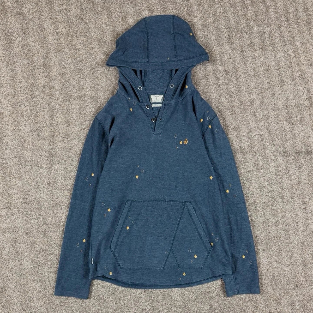 Y2K Volcom Blue Hooded Long Sleeve Shirt Men’s Medium Stone Pattern Lightweight