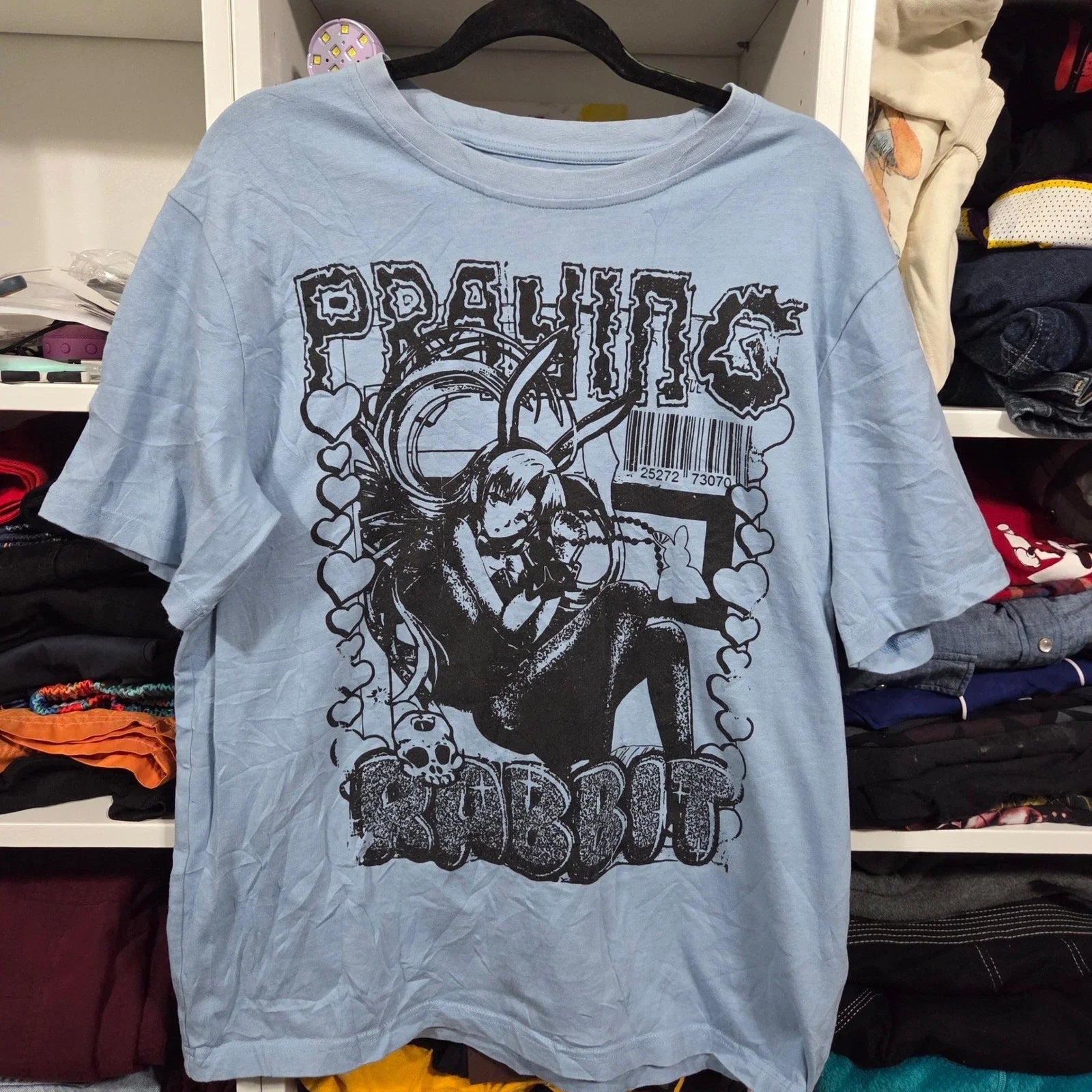 Praying Rabbit Mens Graphic T-Shirt Light Blue Anime Bunny Streetwear Large L