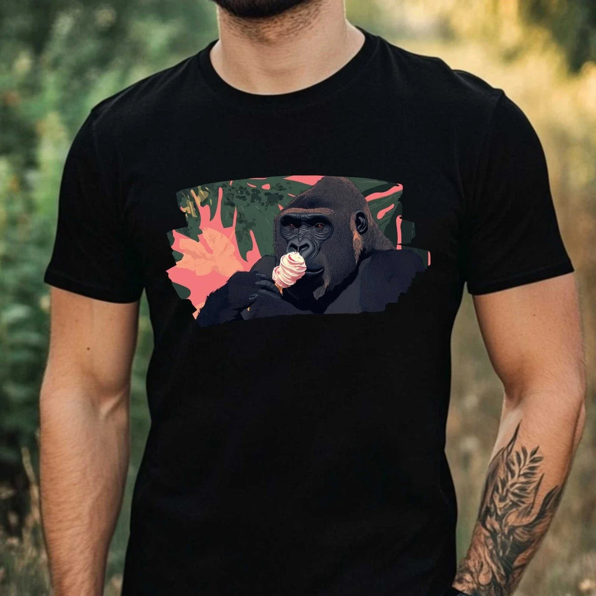 Mens Gorilla Eats Ice Cream Motif Cotton T-Shirt Size XS to 5XL