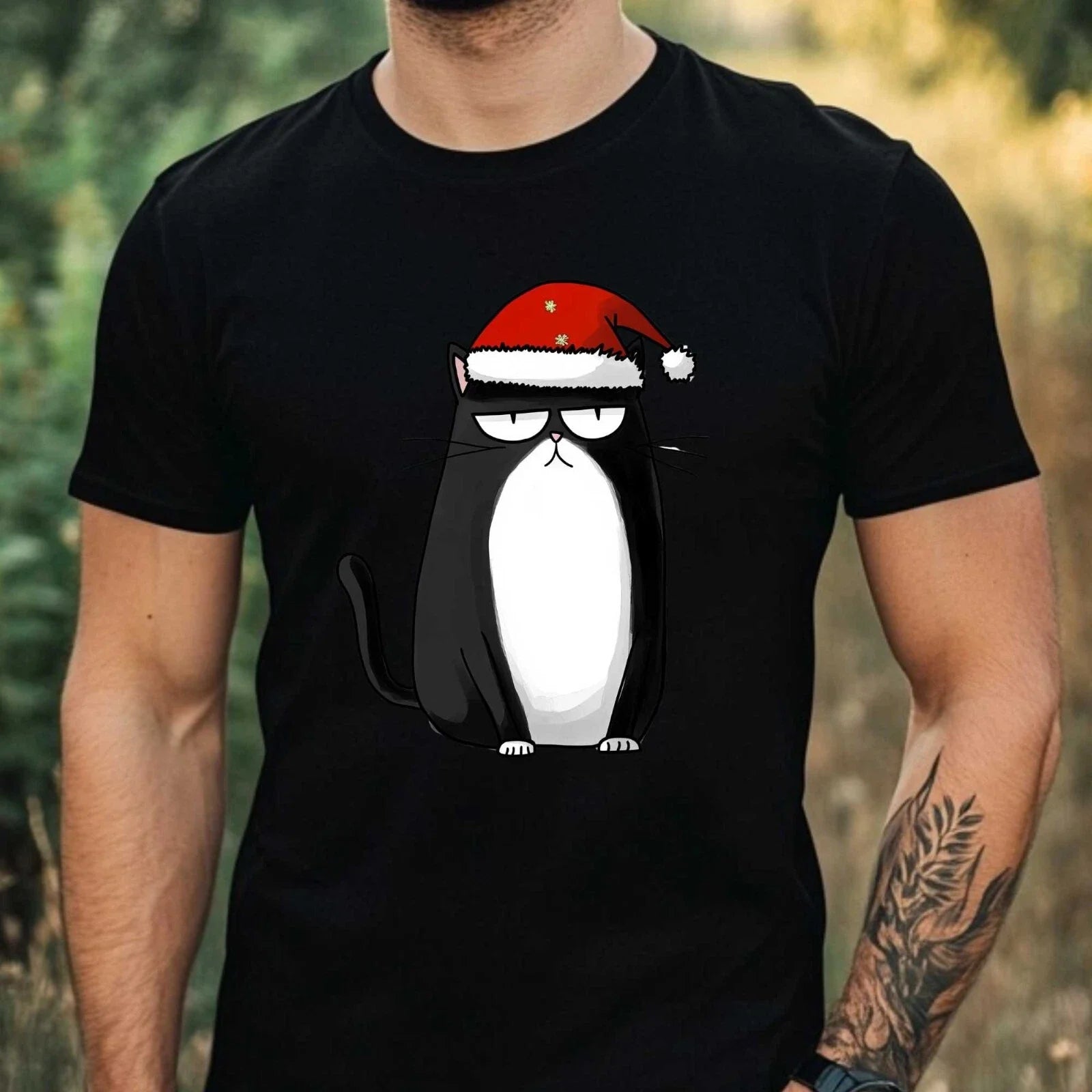 Mens Whimsical Cat Print Cotton T-Shirt Size XS to 5XL
