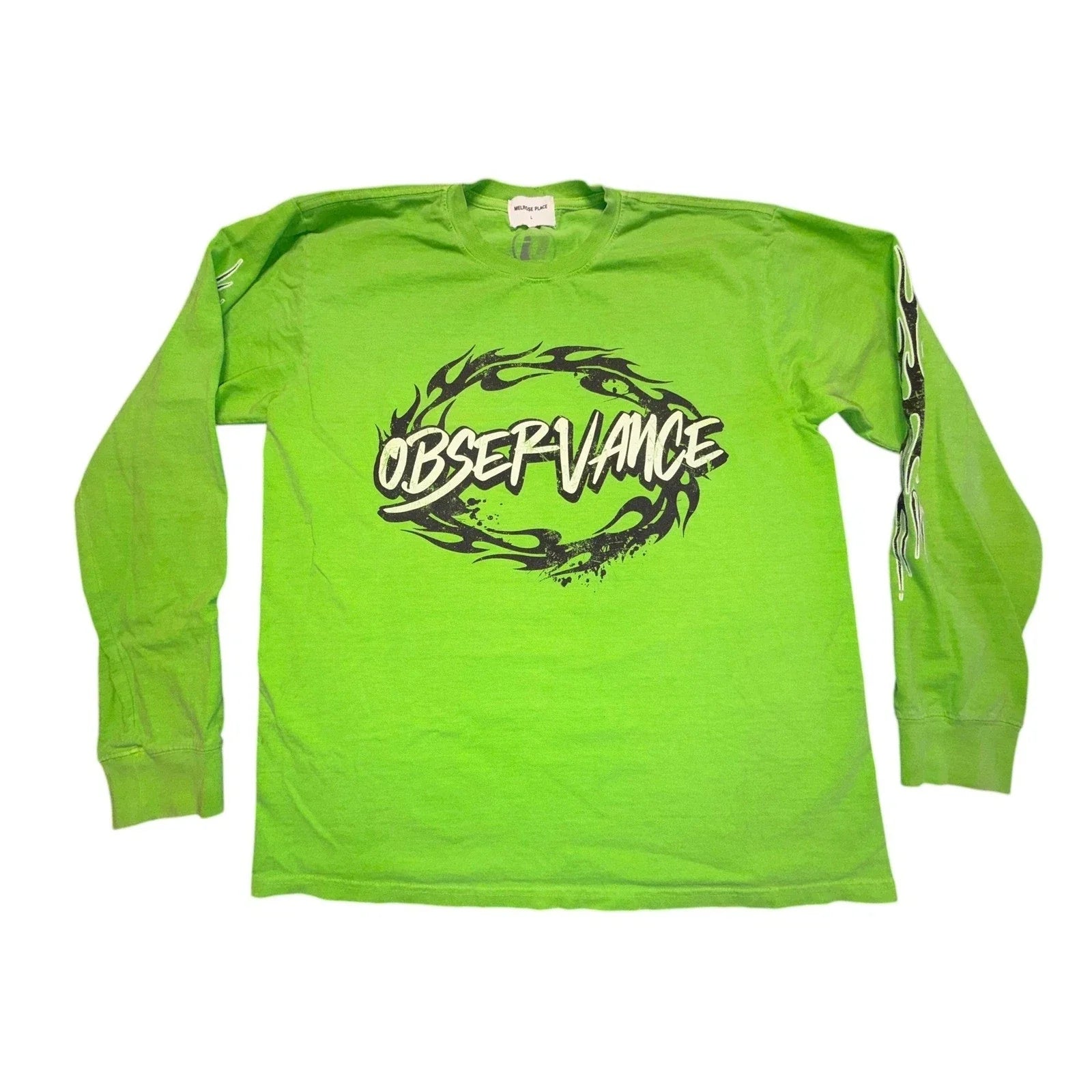 Melrose Place Mens Observance Graphic Long Sleeve T-Shirt Neon Green Flame L