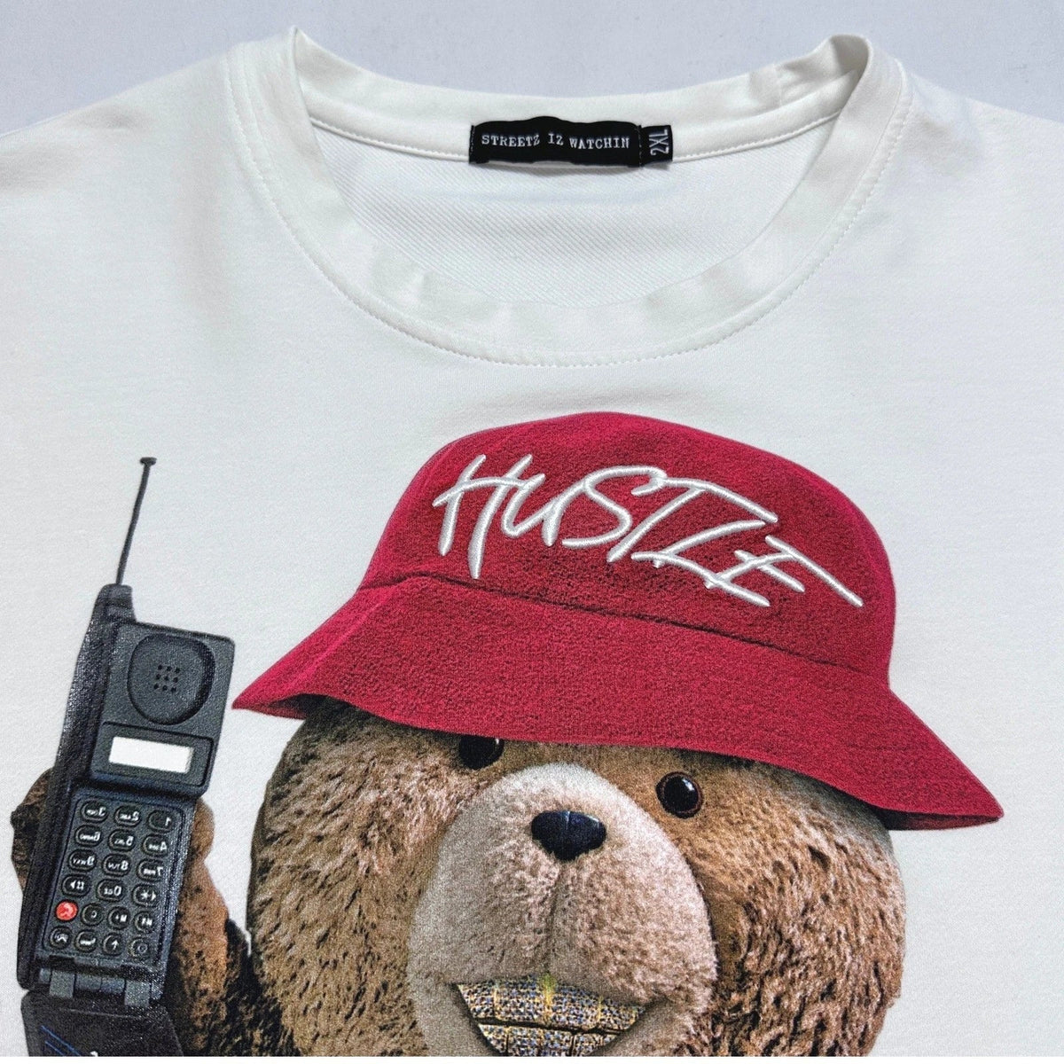 Streetz Iz Watchin Mens 2XL White Hustle Money Bear Graphic T-Shirt Short Sleeve