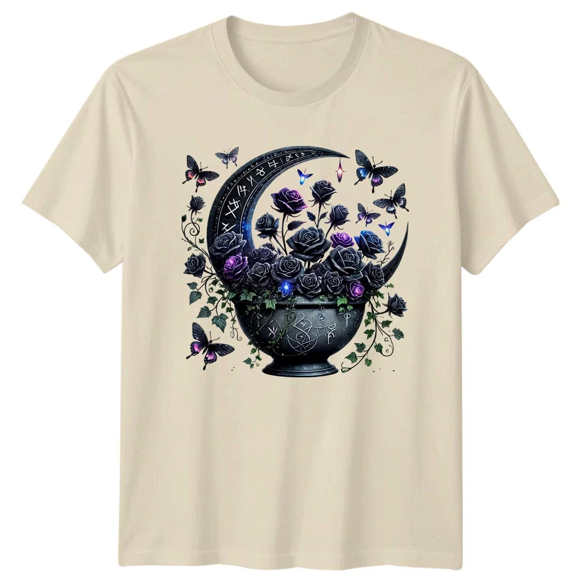 Mystical Gothic Moon Cauldron Black T-Shirt Dark Floral Gothic Fantasy