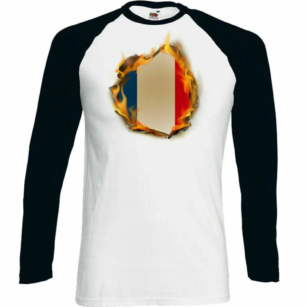French Flag Flames Mens France Tricolour T-Shirt Rugby Football Bastille Day Top