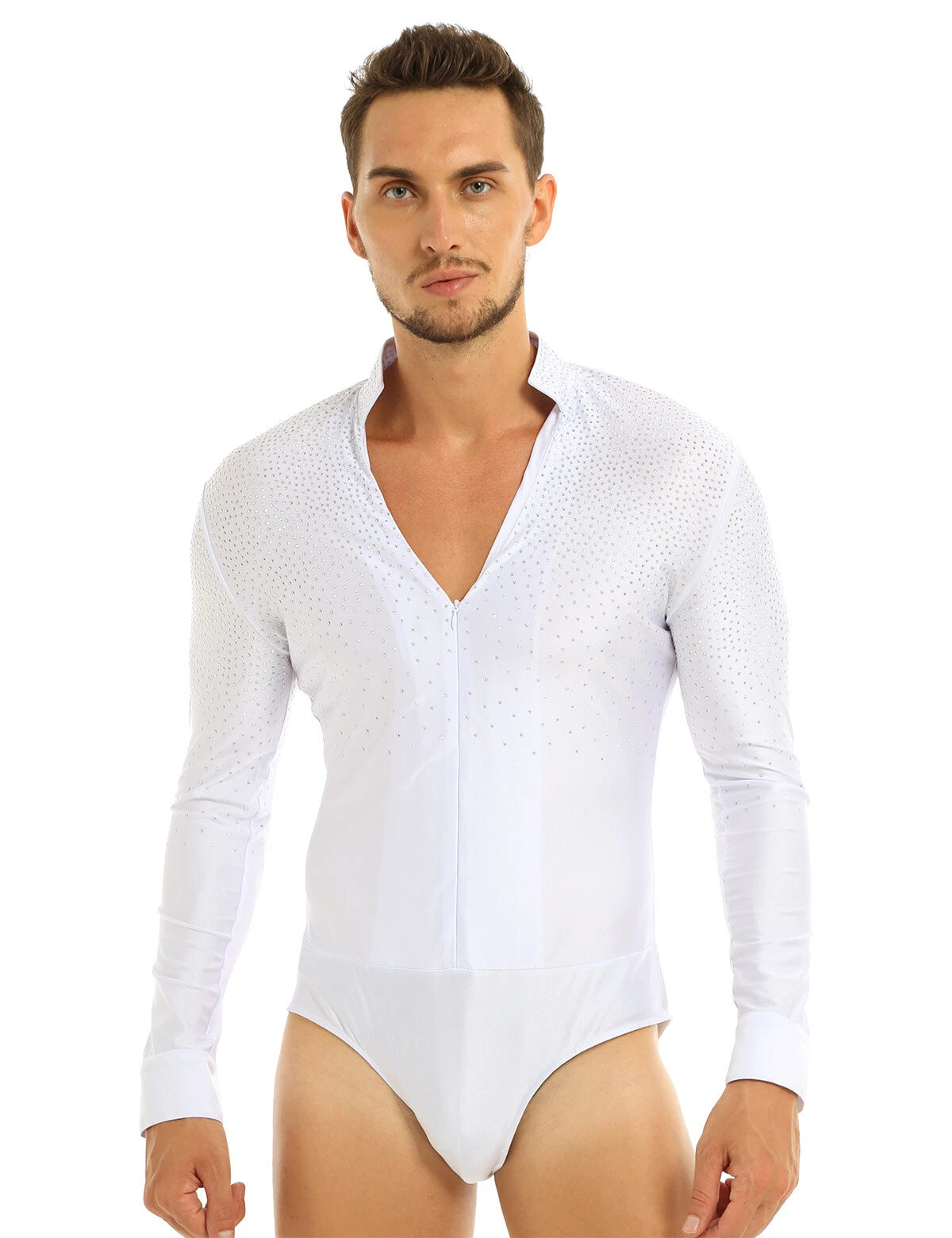 Men Sequins V Neck Dance Shirts Ballroom Modern Latin Long Sleeve Dancewear AU