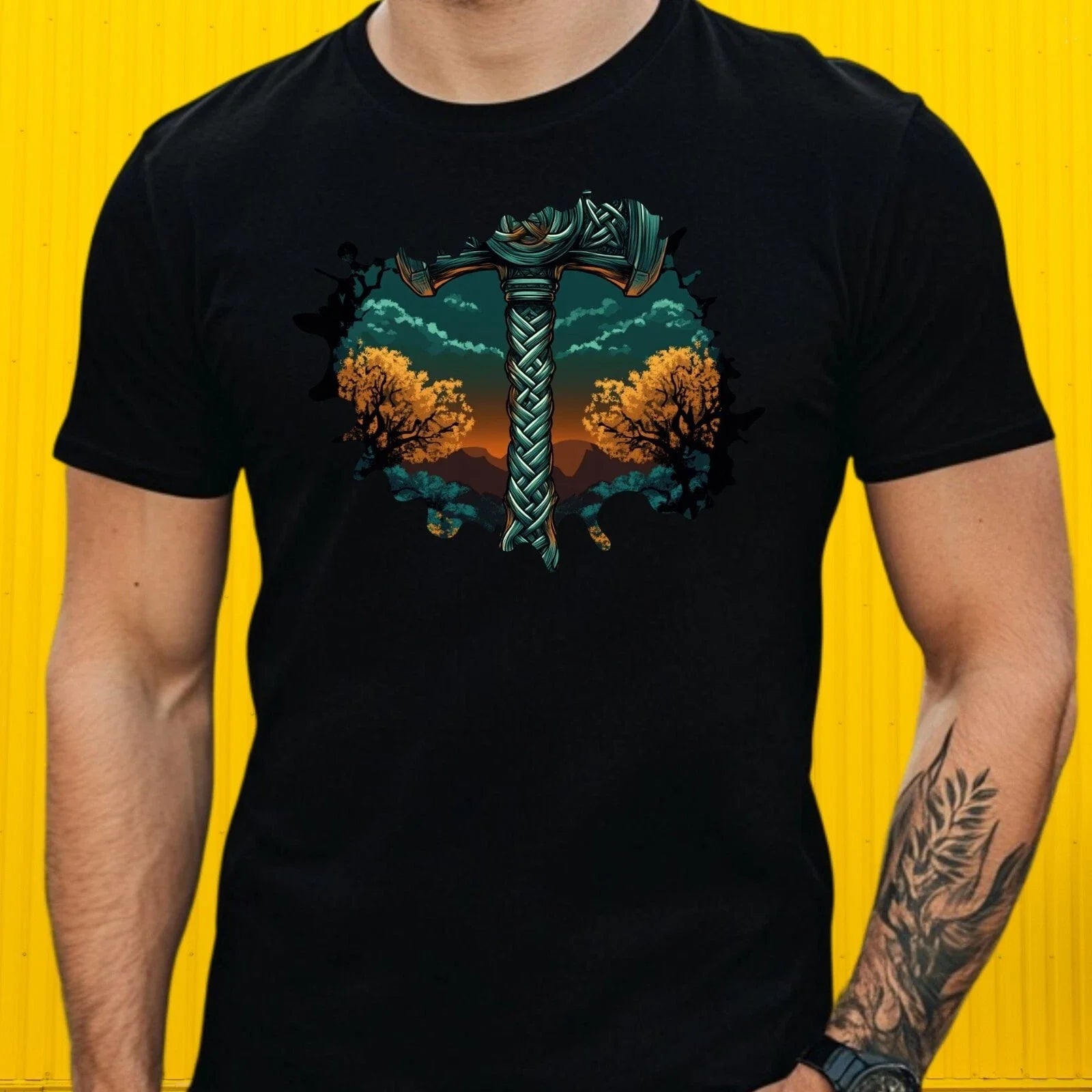 Mens Mjolnir Knot Hammer Motif Cotton T-Shirt Size XS to 5XL