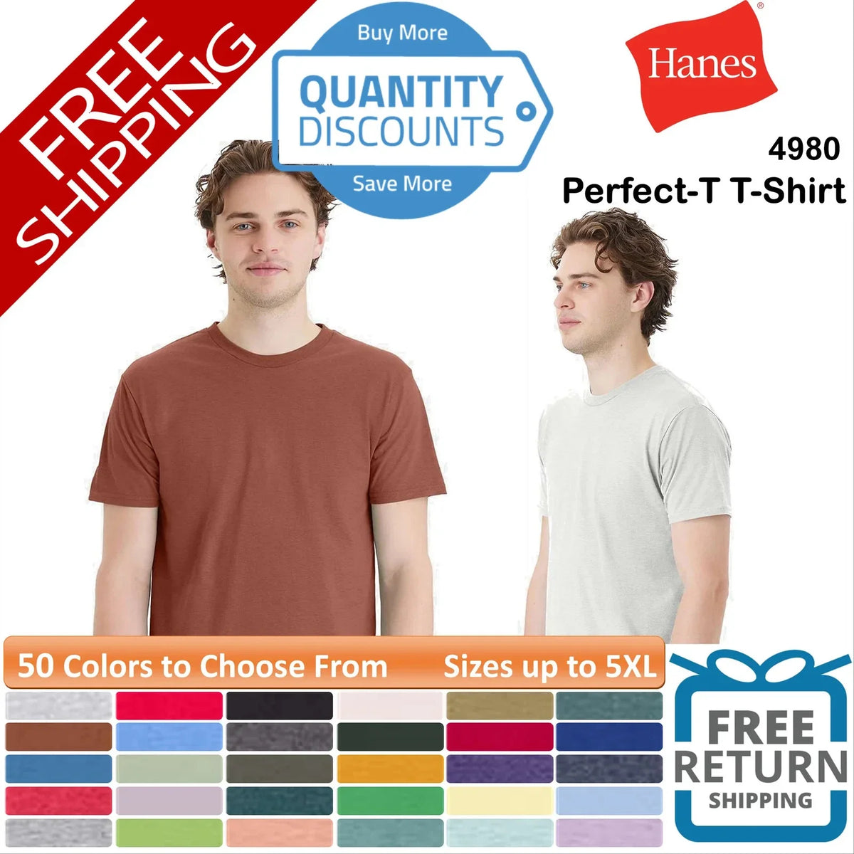 🔥 Hanes Perfect-T T-Shirt Cotton & Blends Short Sleeve Up To 5XL 4980 a
