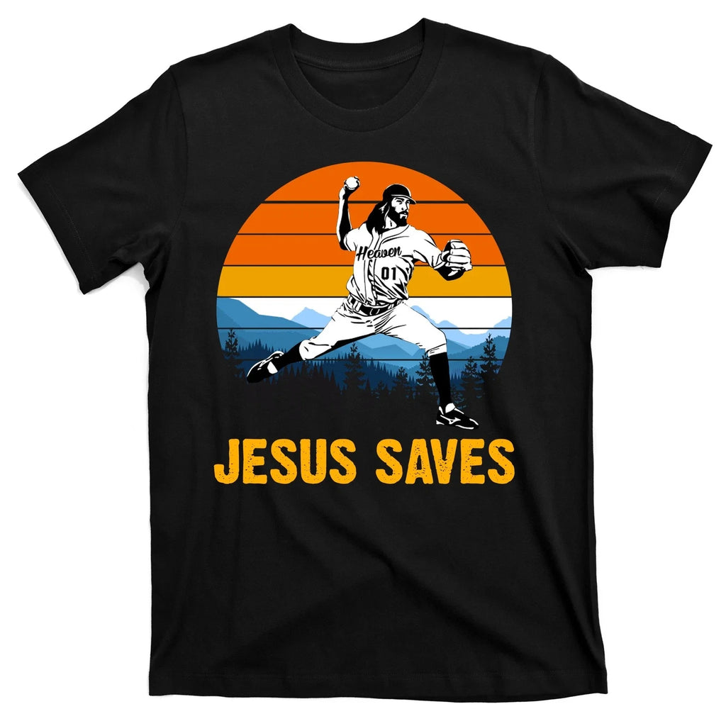 Jesus Saves Retro Baseball Pitcher T-Shirt