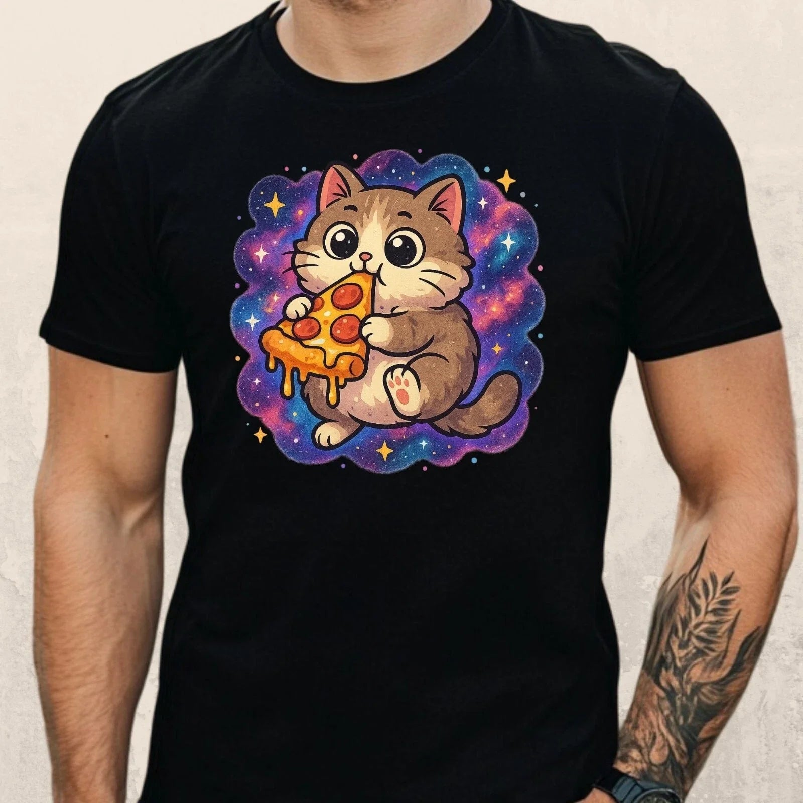 Cat Eats Pizza In Space Theme Cotton Mens T-Shirt Size XS to 5XL