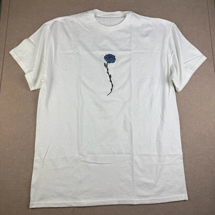 Embroidered Blue Rose Tee Mens L White Floral Streetwear Graphic Shirt