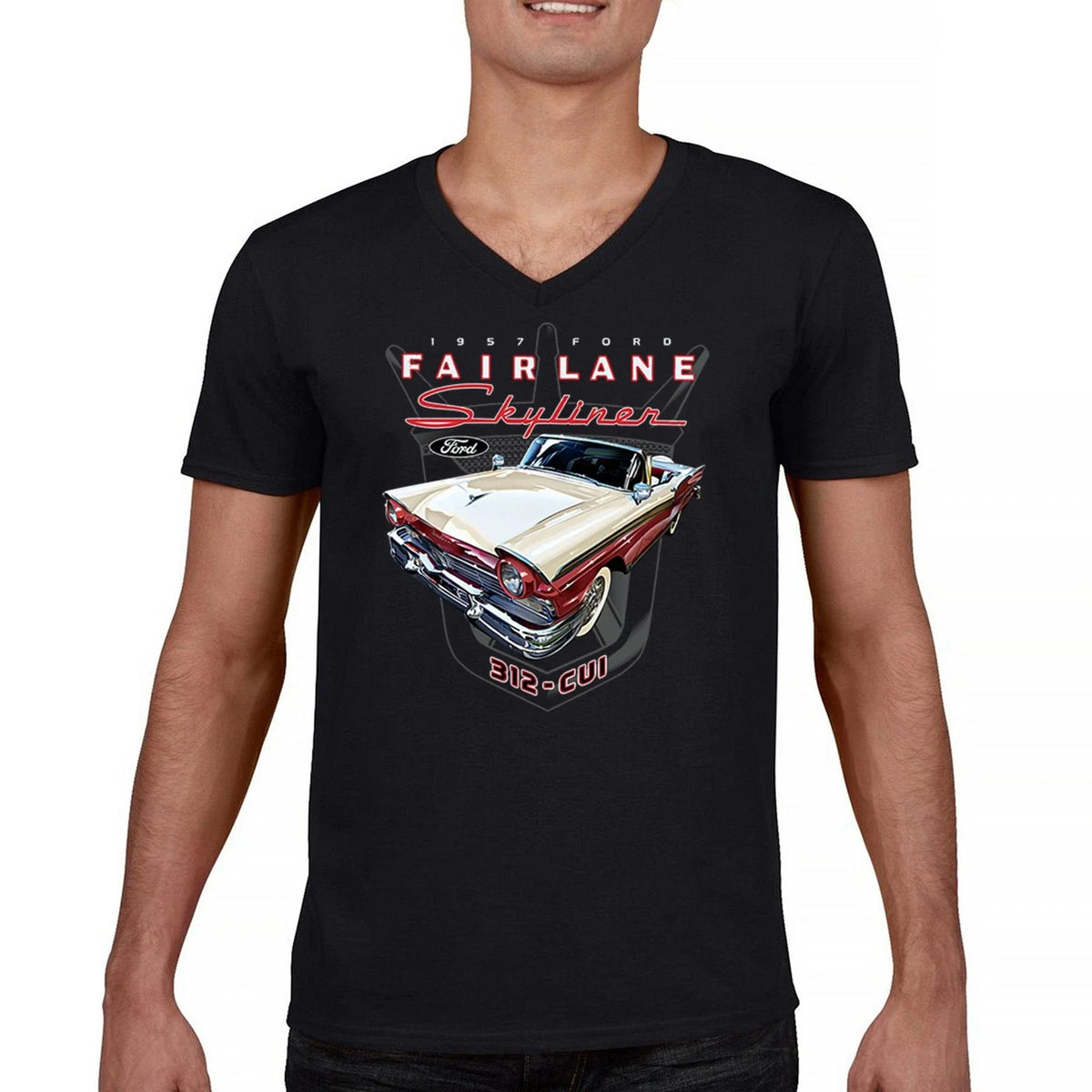 Ford Fairlane Skyliner Crest V-Neck T-shirt 1957 Vintage Classic FoMoCo Tee