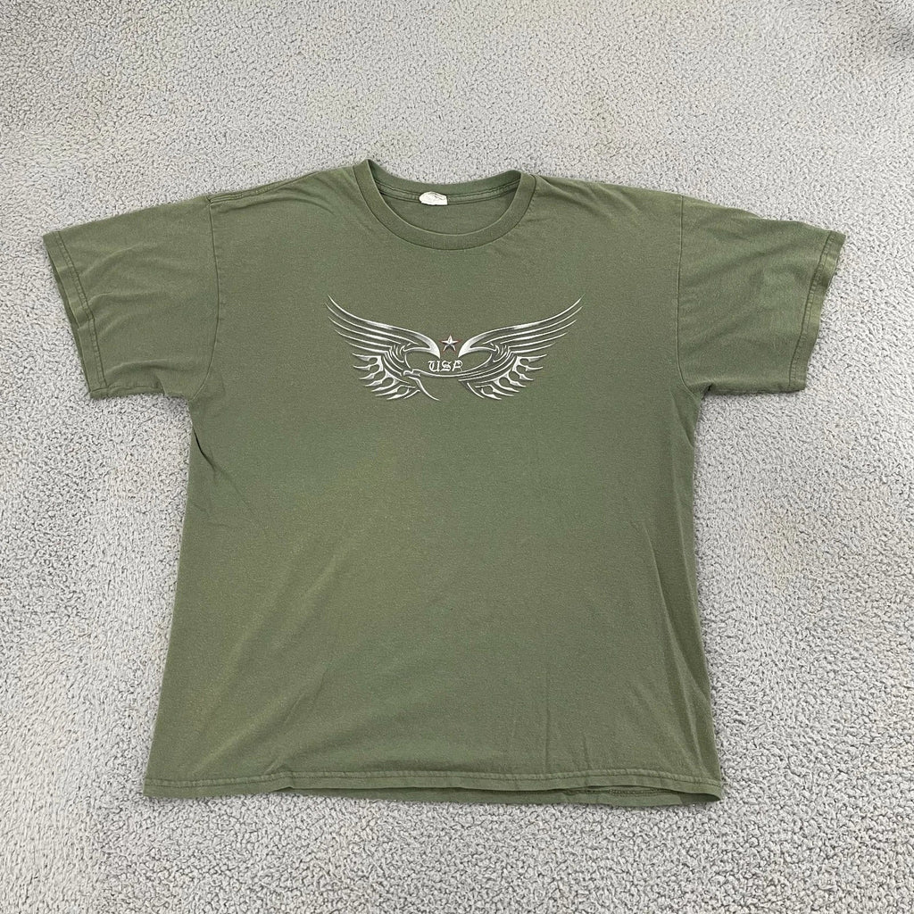 Metallic Wings USA Shirt Men L Olive Y2K Biker Short Sleeve Tee