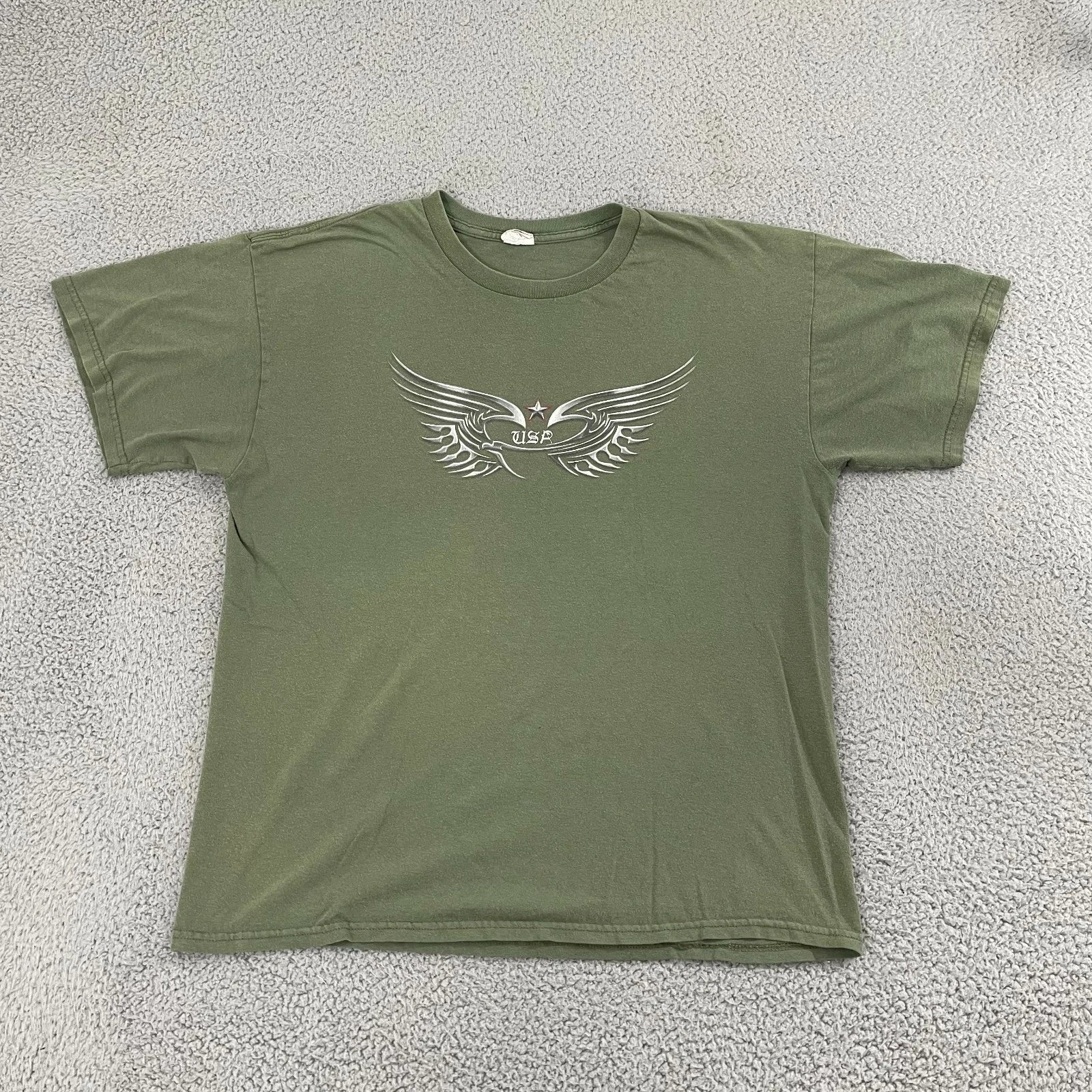 Metallic Wings USA Shirt Men L Olive Y2K Biker Short Sleeve Tee
