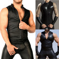 Men's Stylish Shiny Faux Leather Sleeveless Zip T shirt for Stage Shows