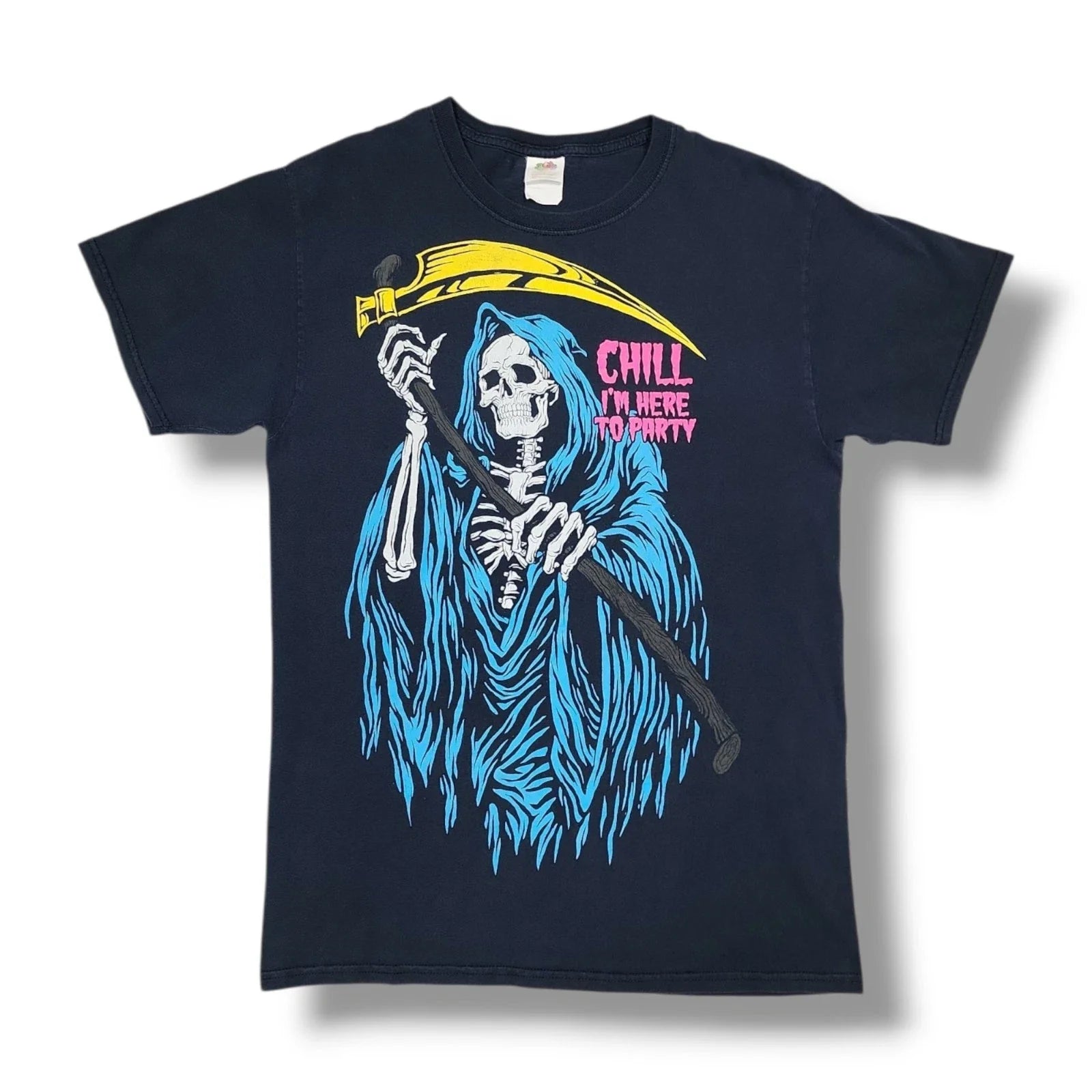 Grim Reaper Chill I'm Here to Party Halloween Skeleton Black Y2K T-Shirt Men's M