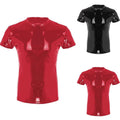 Stylish Short Sleeve Men's Faux Leather Clubwear T Shirt in Shiny Material
