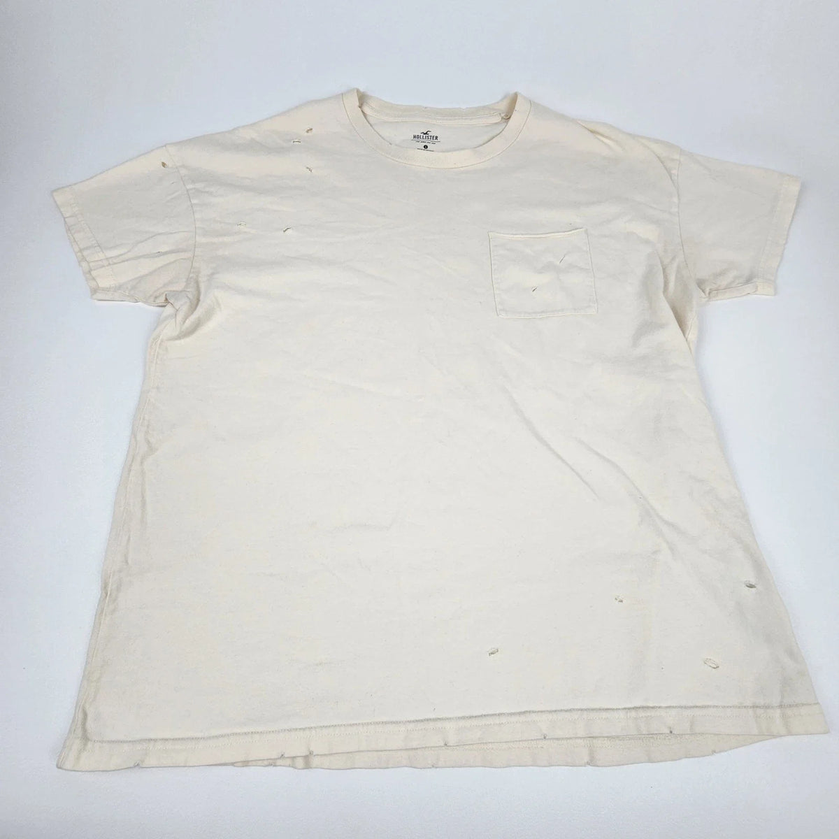 Hollister Pocket Shirt Mens Small White Distressed Grunge Heavyweight Crew Neck