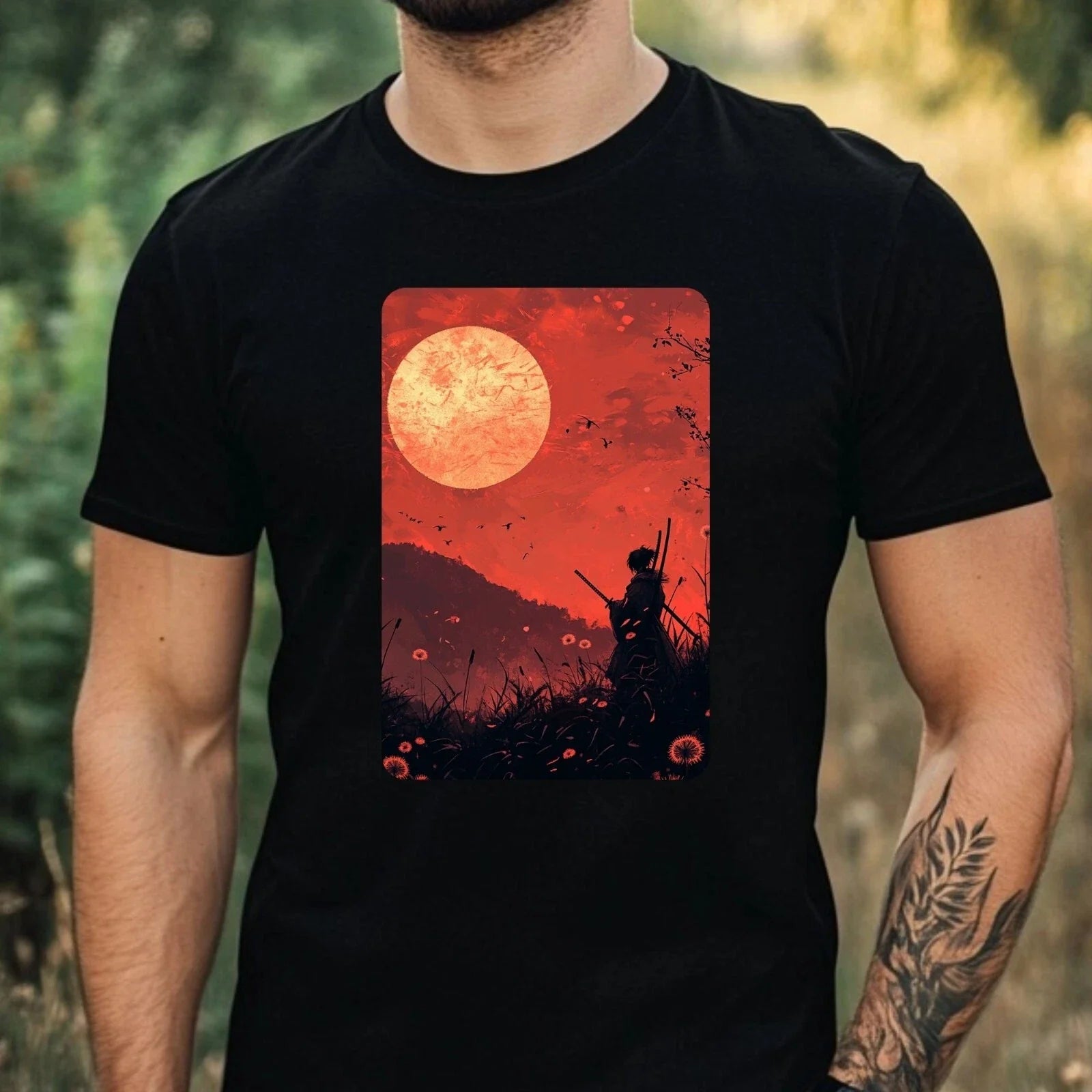 Mens Samurai Dandelion Print Cotton T-Shirt Size XS to 5XL