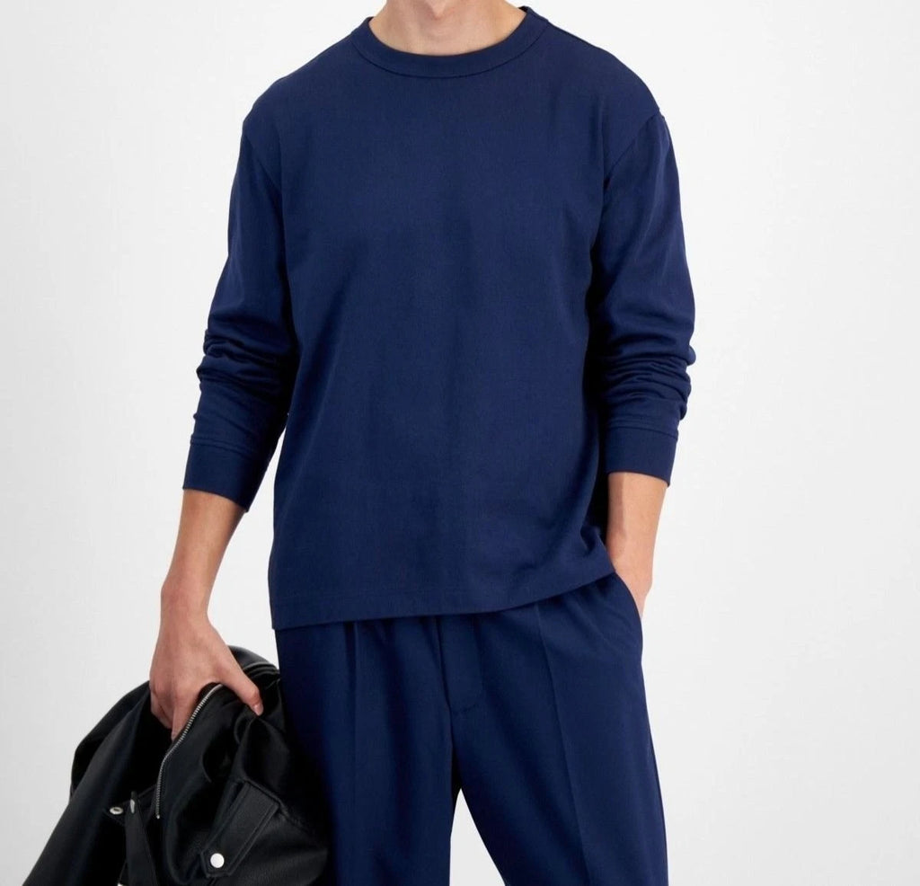 Mode Of One Mens Modern Long Sleeve Relaxed Fit T Shirt Navy Blue Size M NWT