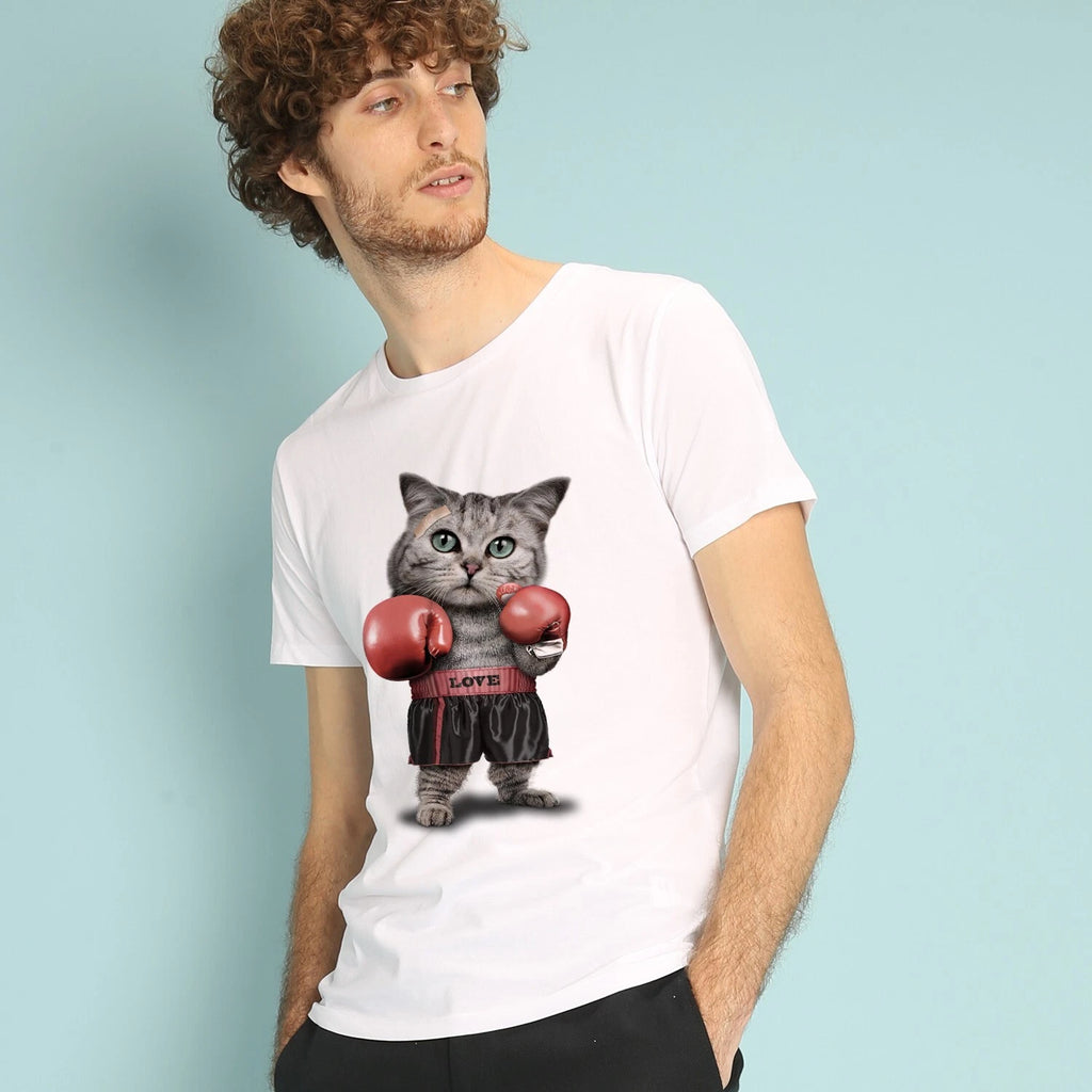T-Shirt Men's Short Sleeve Color White, BOXING CAT