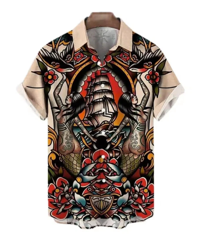 Mens Button Down Shirts Japanese Koi Printed Hawaiian Top Aloha Novelty Ugly