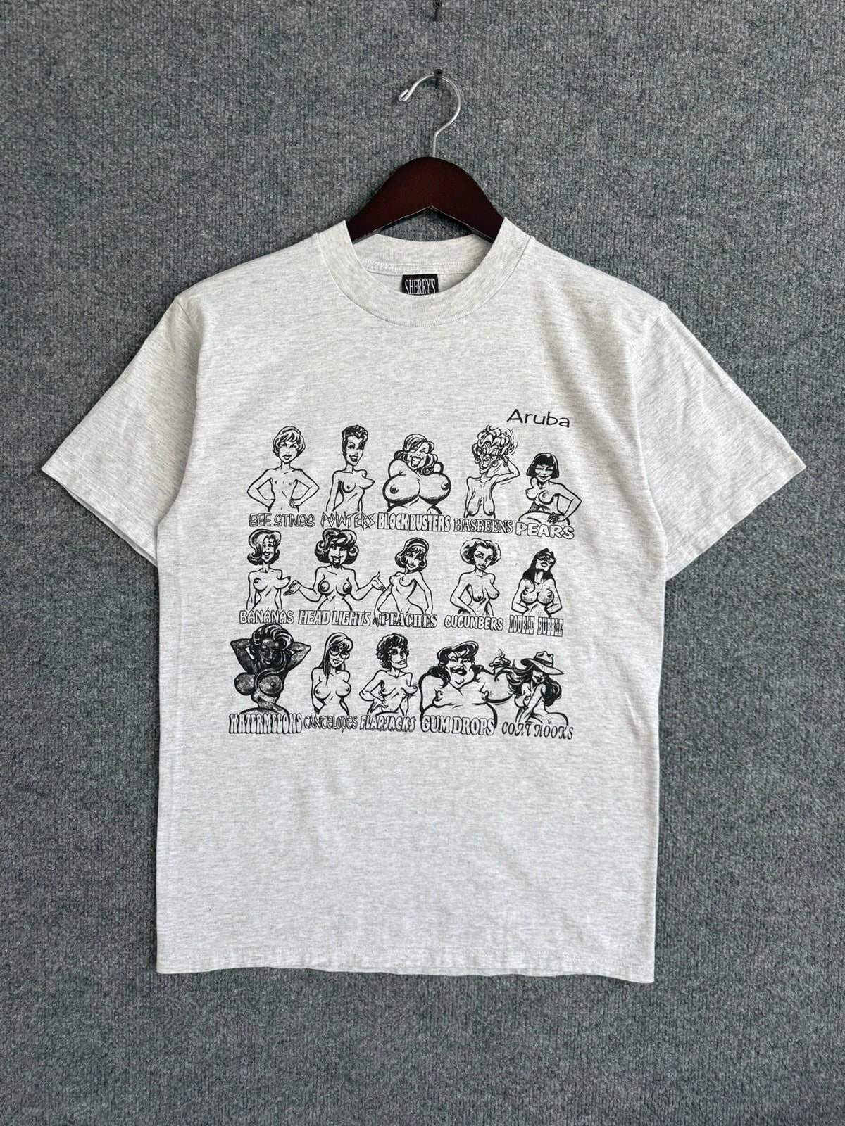 Vintage Boobs Comedy T Shirt Sz M 90s Raunchy NSFW Aruba Funny Gray Cartoon Joke