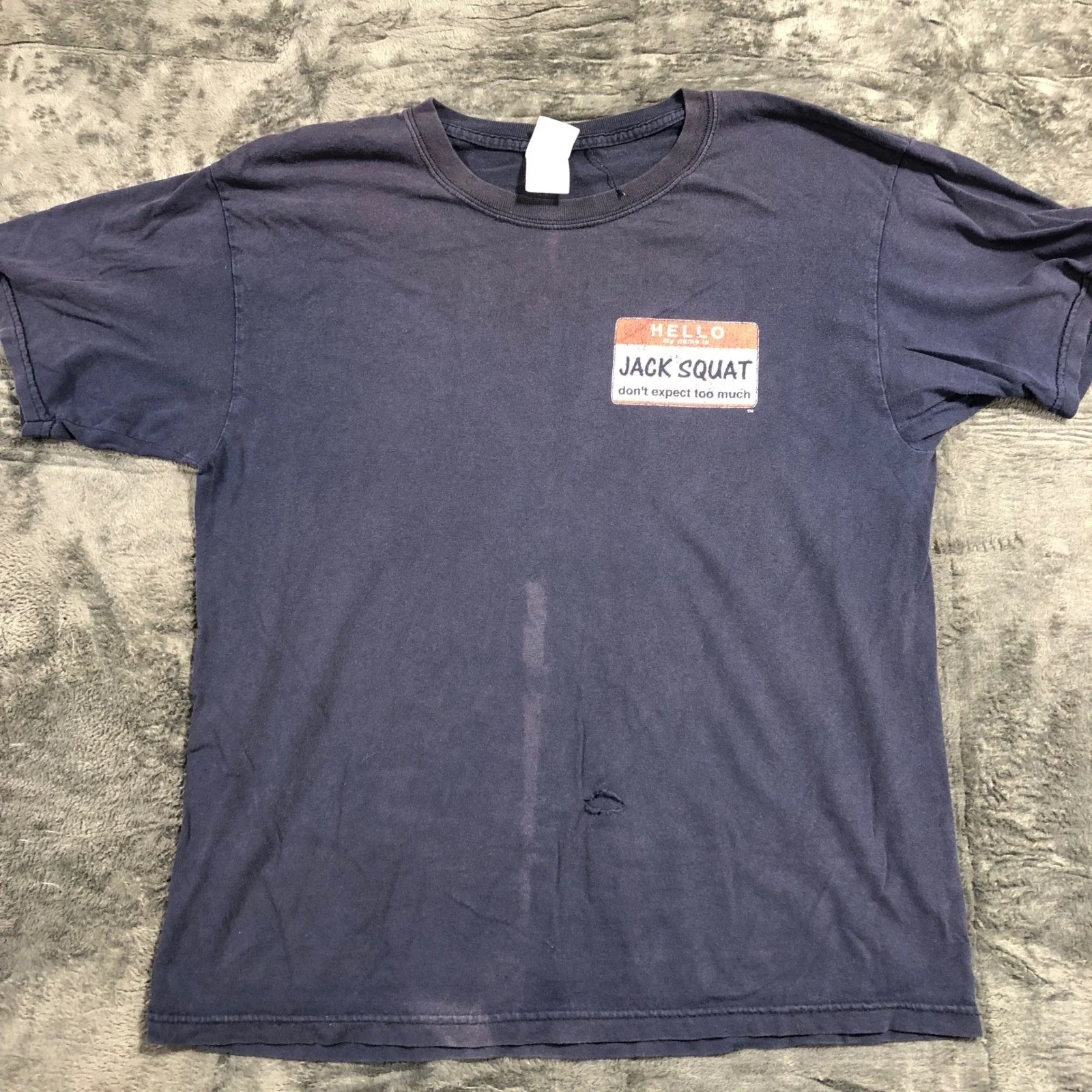 Gildan Jack Squat Graphic Tee Men Large Navy Blue Funny Sarcastic Name Tag Shirt