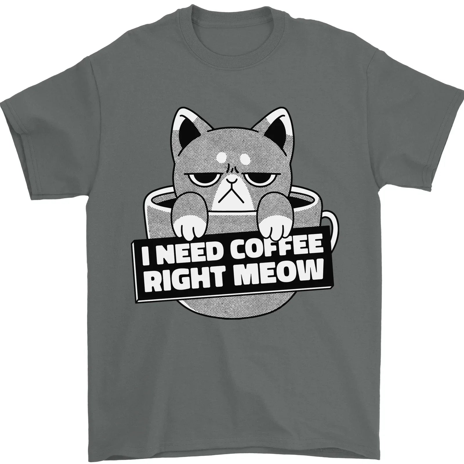 Cat I Need Coffee Right Meow Funny Mens T-Shirt 100% Cotton