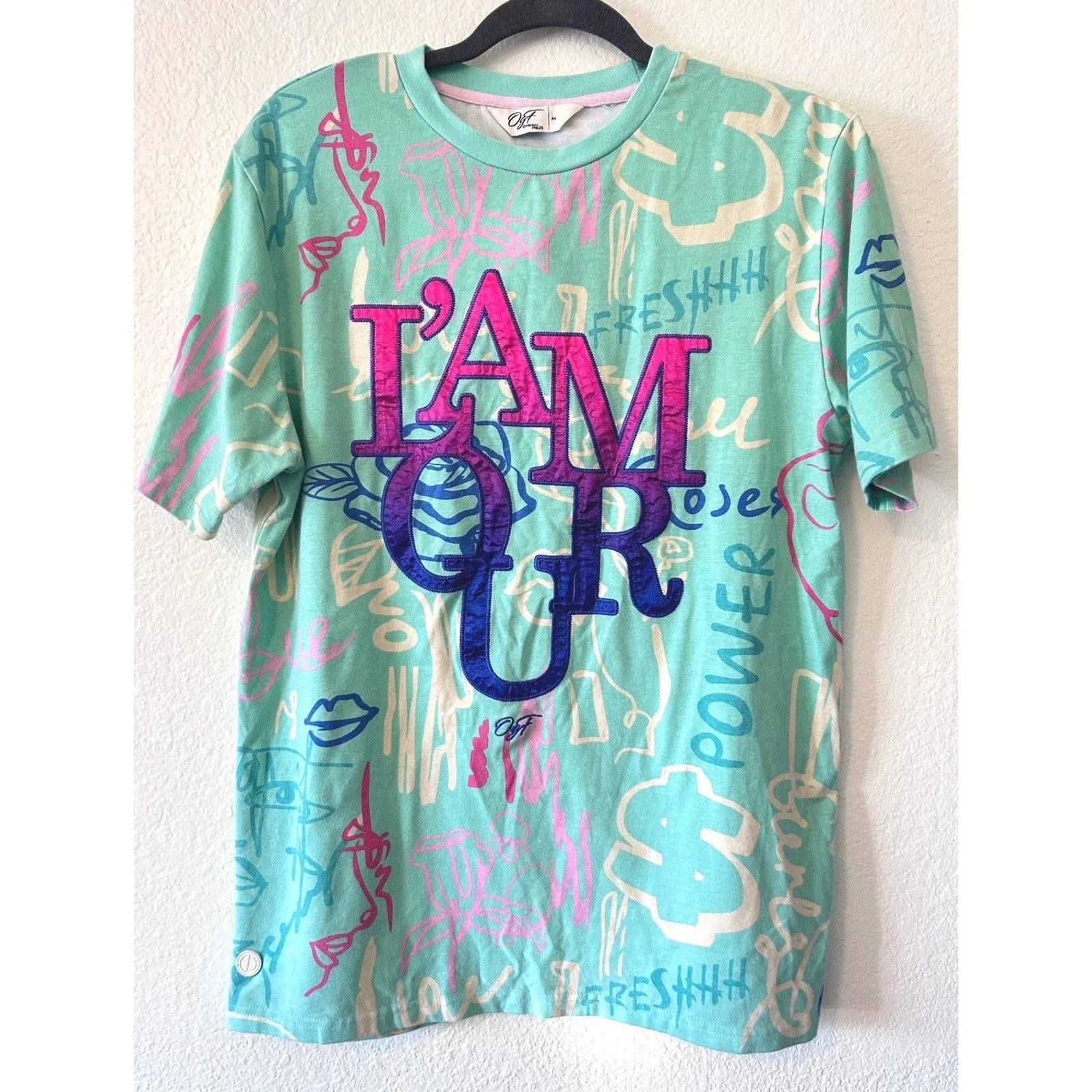 Original Fables L'AMOUR Streetwear Artsy Teal Graffiti Print Graphic Tee SZ M