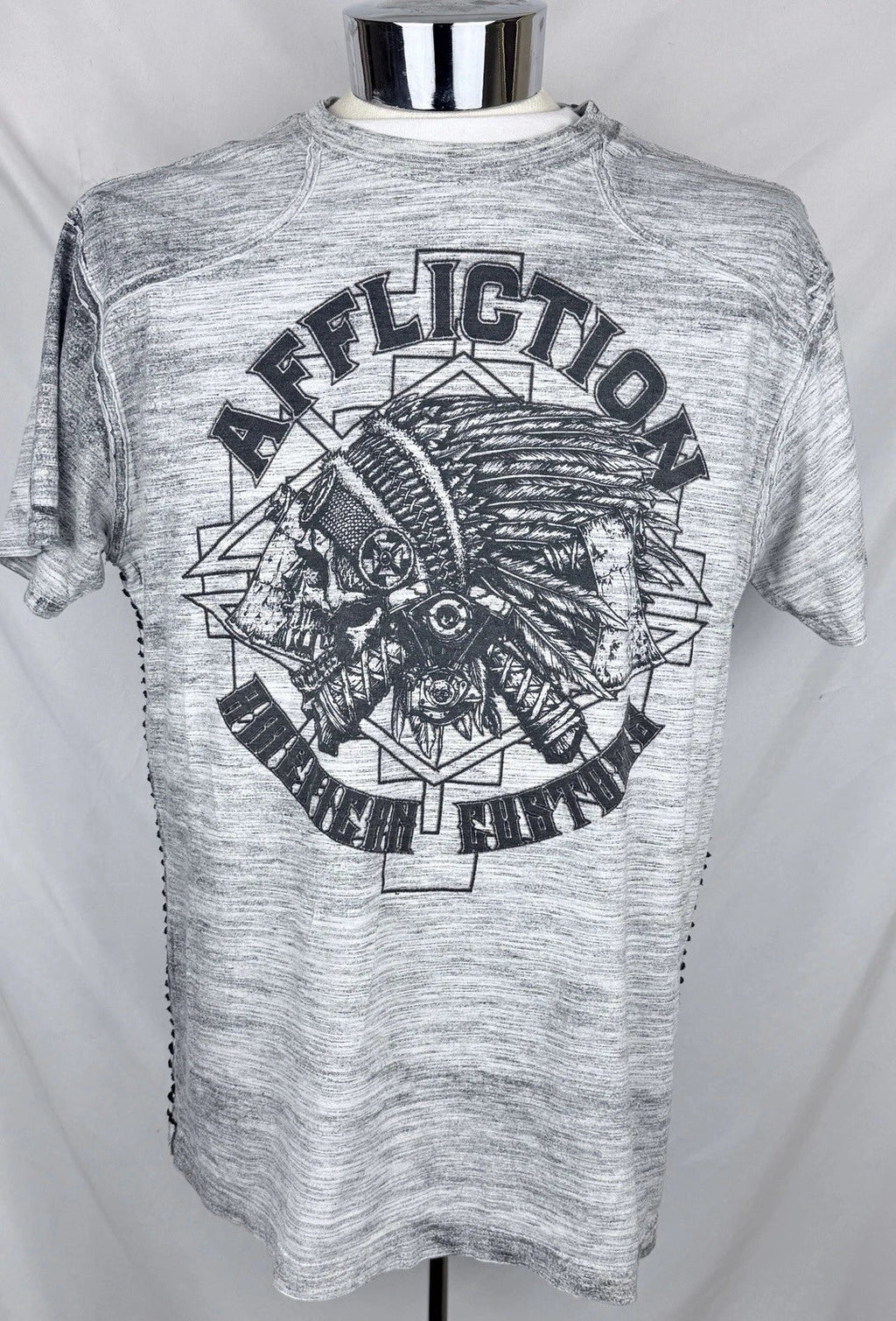Y2K Affliction American Customs Indian Skull Two Sided Premium Gray T-Shirt XL
