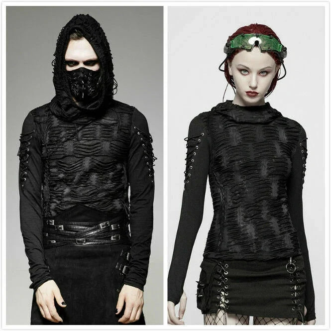Punk Men Long sleeves Hooded Black Steampunk Gothic Top Rock Visual Kei T-Shirt