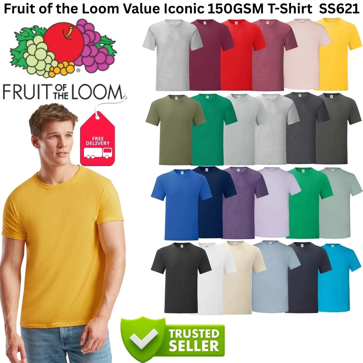 Fruit of the Loom Iconic SS621 T-Shirt Mens 150GSM Soft Cotton Plain Short Sleev
