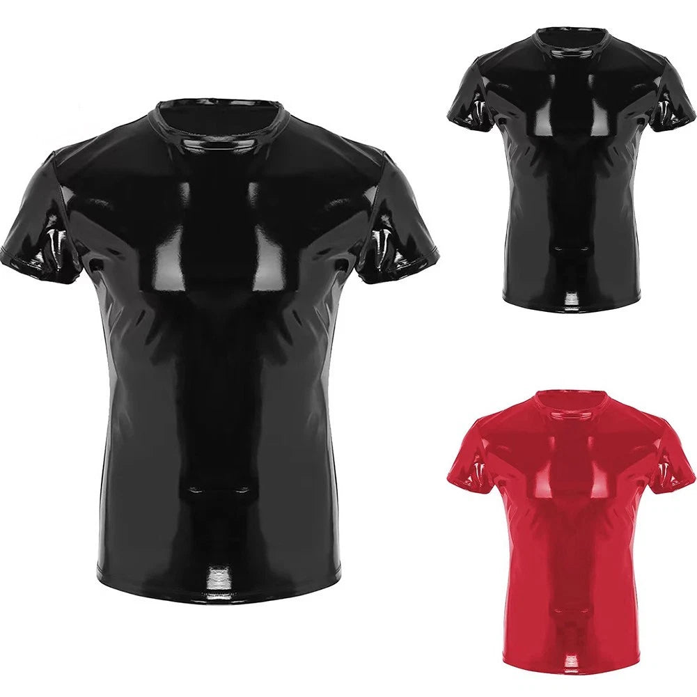 Shiny Faux Leather Clubwear T Shirt Top for Men Stylish and Fashionable