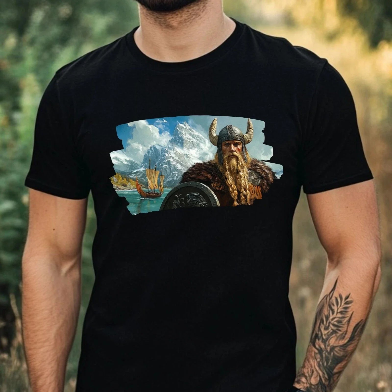 Mens Viking Portrait Motif Cotton T-Shirt Size XS to 5XL