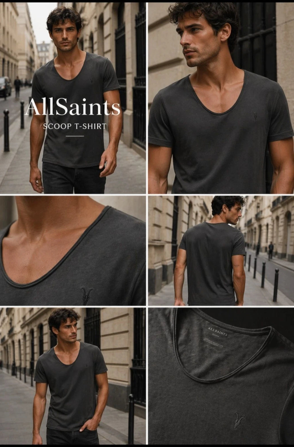 All Saints Men’s Carter Grey Scoop Tonic Neck T-Shirt. Various Sizes BNWT